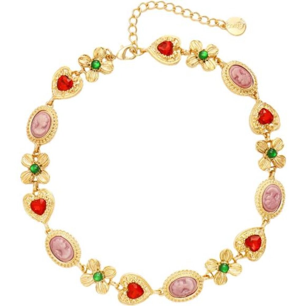 Vintage Gold Chunky Necklace | Hearts, Clovers & Cameo Charm